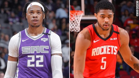 Richaun Holmes of the Sacramento Kings, left, and Bruno Caboclo of the Houston Rockets both inadvertently broke the NBA&#39;s campus bubble.