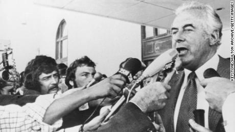 Australian Prime Minister Gough Whitlam addresses reporters outside the Parliament building in Canberra after his dismissal by Australia&#39;s Governor-General, 11th November 1975.