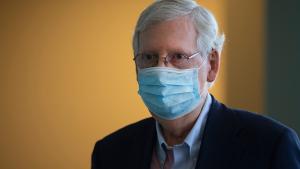 U.S. Sen. Mitch McConnell (R-KY) prepares to address the media at Deaconess Henderson Hospital in Henderson, Ky., Tuesday afternoon, July 14, 2020. McConnell was expressing his gratitude to healthcare workers for their sacrifices during the coronavirus pandemic as well as discussing the Economic Security Act and coronavirus aid. 