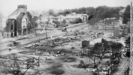 Part of Greenwood District burned in Race Riots, Tulsa, Oklahoma, USA, June 1921. (Photo by: Universal HIstory Archive/Universal Images Group via Getty Images)