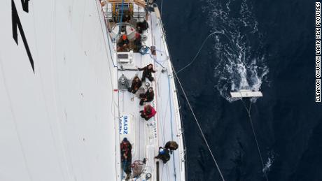 An aerial view of a trawler collecting plastic samples from a previous eXXpedition voyage.