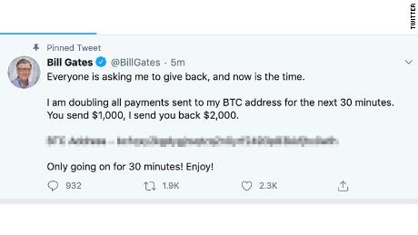 Bill Gates was one of a number of prominent Twitter users to have their accounts compromised on Wednesday. CNN has blurred a portion of the image.