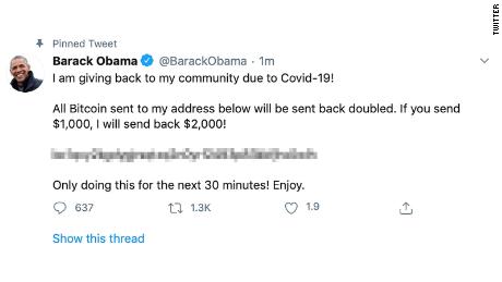 Barack Obama&#39;s Twitter account also appeared to be compromised as part of a broader security incident on the platform Wednesday. CNN blurred a portion of the image.