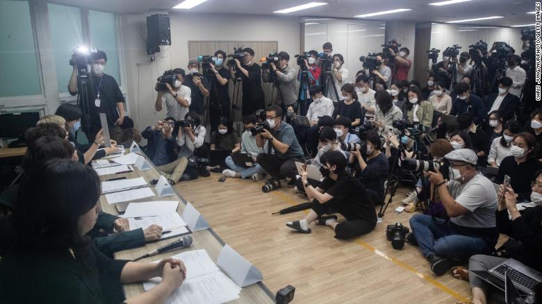 Leading women&#39;s rights activists and a lawyer hold a press conference for a female secretary of the late Seoul Mayor Park Won-soon on July 13, 2020 in Seoul, South Korea.
