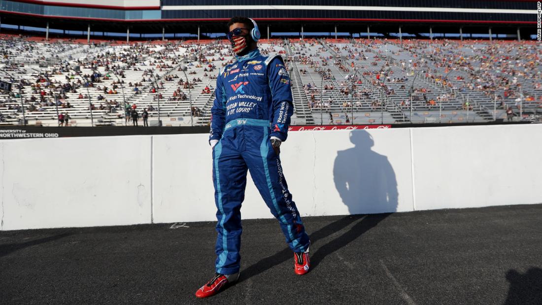Bubba Wallace arrives before the start of the race.