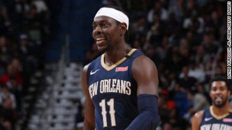 Jrue Holiday smiles during the game on February 28, 2020 at the Smoothie King Center in New Orleans, Louisiana.