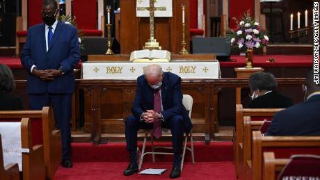 Biden prays as he meets religious leaders at Bethel AME Church in Wilmington, Delaware, on June 1, 2020. 