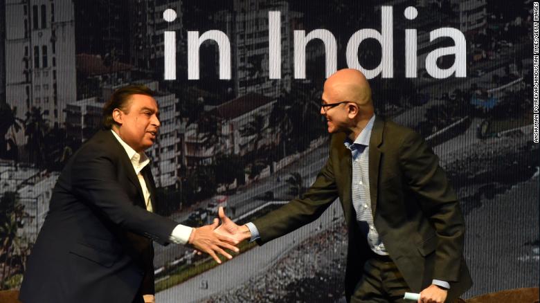 Microsoft CEO Satya Nadella with Mukesh Ambani during the Microsoft Future Decoded Summit on February 24, 2020 in Mumbai, India. 