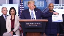 WASHINGTON, DC - MARCH 16: U.S. President Donald Trump flanked by members of the Coronavirus Task Force, speaks to the media in the press briefing room at the White House on March 16, 2020 in Washington, DC. The United States has surpassed 3,000 confirmed cases of the coronavirus, and the death toll climbed to at least 61, with 25 of the deaths associated with the Life Care Center in Kirkland, Washington. (Photo by Win McNamee/Getty Images)