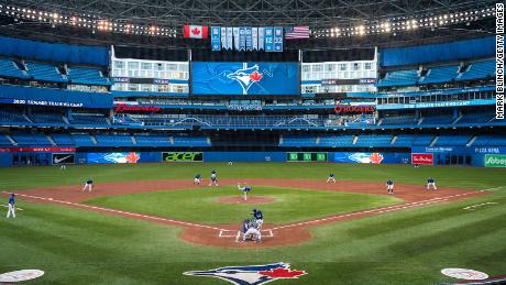The Toronto Blue Jays play an intrasquad game at Rogers Centre in Toronto on July 9.