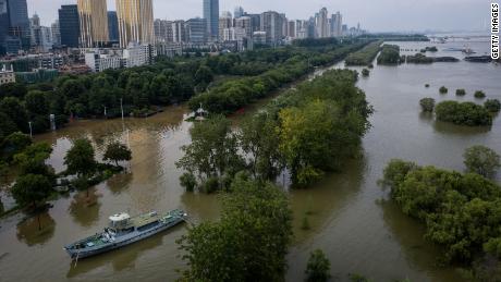 A drone view of flooded Hankou Jiangtan Park caused by heavy rains along the Yangtze river on July 13, 2020 in Wuhan, China. 