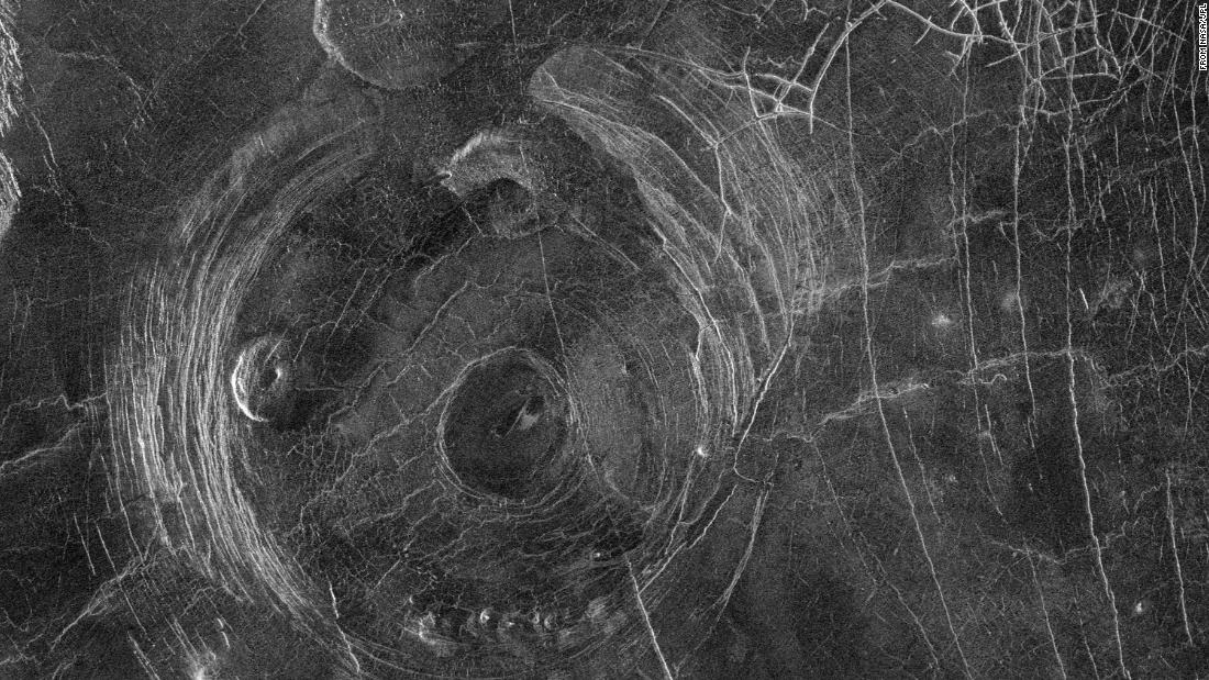 This radar image captured by NASA&#39;s Magellan mission to Venus in 1991 shows a corona, a large circular structure 120 miles in diameter, named Aine Corona. 