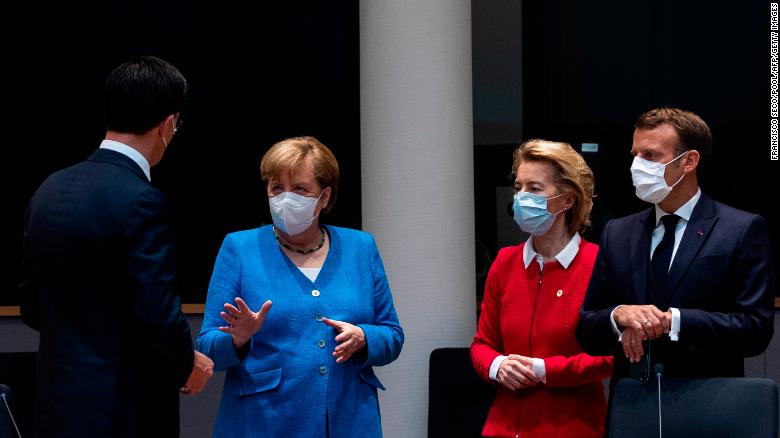 Netherlands&#39; Prime Minister Mark Rutte, left, talks with Germany&#39;s Chancellor Angela Merkel, President of the European Commission Ursula von der Leyen and France&#39;s President Emmanuel Macron at the summit.