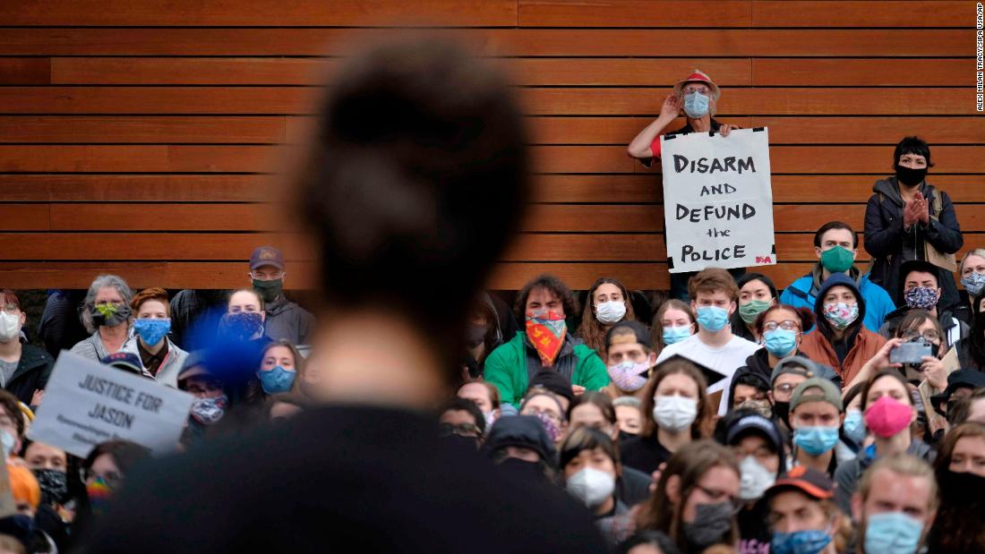 Kayla Washington speaks to protesters June 12 who want to disarm campus police officers at Portland State University. Kayla&#39;s father, Jason, was killed by campus police in 2018.