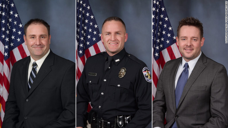 Louisville police officers Myles Cosgrove, Brett Hankison and Jonathan Mattingly. Hankison was fired by Louisville's police chief for his role in the shooting.