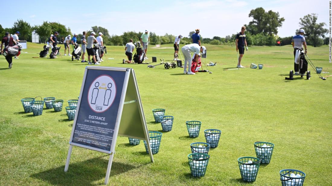 Pandemic: A sign telling players about social distancing and other advice against Covid-19 is seen during practice prior to the Austrian Open at Diamond Country Club on July 08, 2020 in Atzenbrugg, Austria. Golf&#39;s European Tour had been suspended since March due to the coronavirus pandemic, before its resumption at the British Masters on July 22.