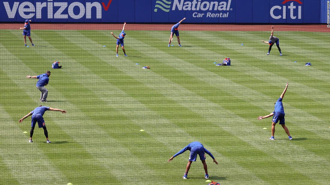 The New York Mets spread out as they stretch on July 3.