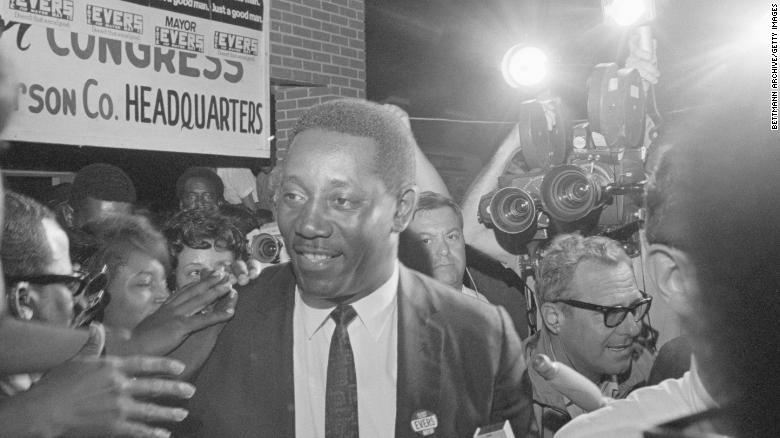 Charles Evers is cheered outside his campaign headquarters after he was elected mayor of Fayette, Mississippi, in 1969.