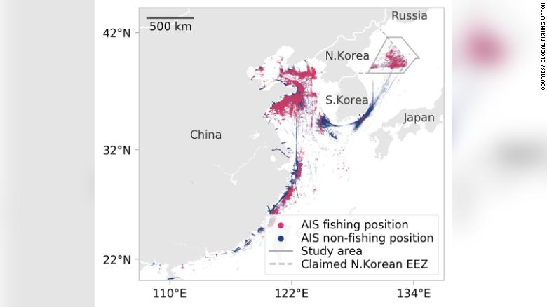 This graphic from Global Fishing Watch shows the location broadcast by all vessels identified as likely fishing ships sailing within North Korea&#39;s claimed exclusive economic zone during 2017 and 2018.