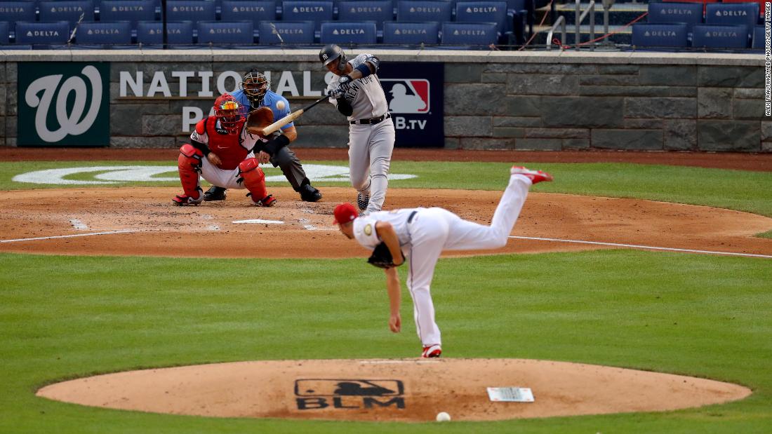 Washington ace Max Scherzer pitches to Gleyber Torres during the opening game.