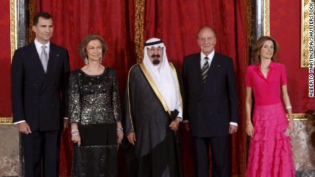 From left to right: then-Crown Prince Felipe, Spain&#39;s then-Queen Sofia, Saudi Arabia&#39;s then-King Abdullah, then-King Juan Carlos and then-Princess Letizia pose before a dinner in Madrid in July 2008.