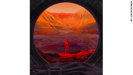 This illustration shows an astronaut on Mars, as viewed through the window of a spacecraft. 