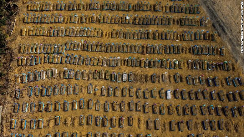 An aerial shot shows a cemetery in the city of Manaus, Brazil, on July 20, 2020.