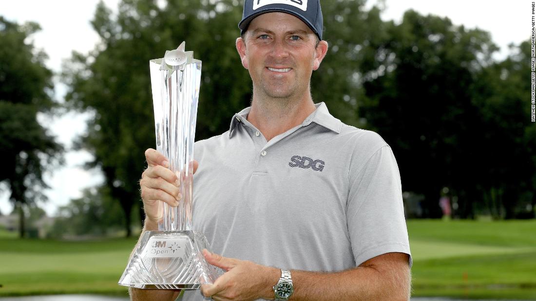 The seven-year-wait: Michael Thompson poses with the trophy after winning the 3M Open on July 26, 2020 at TPC Twin Cities in Blaine, Minnesota. The win was the 35-year-old&#39;s second PGA Tour event victory, 2,702 days after his first. 