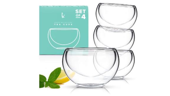 Modern Double-Wall Glass Insulated Teacups, Set of 4