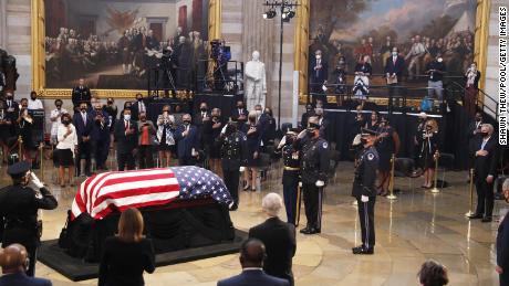 The casket of former Rep. John Lewis (D-GA) arrives for a memorial service in the Capitol Rotunda on July 27, 2020 in Washington, DC. Lewis, a civil rights icon and fierce advocate of voting rights for African Americans, will lie in state at the Capitol. Lewis died on July 17 at the age of 80. (Photo by Shawn Thew-Pool/Getty Images)