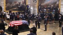 The casket of former Rep. John Lewis (D-GA) arrives for a memorial service in the Capitol Rotunda on July 27, 2020 in Washington, DC. Lewis, a civil rights icon and fierce advocate of voting rights for African Americans, will lie in state at the Capitol. Lewis died on July 17 at the age of 80. (Photo by Shawn Thew-Pool/Getty Images)