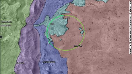 Este mapa muestra regiones dentro y alrededor del cráter Jezero en Marte, el sitio de aterrizaje del rover Perseverance de la NASA. 