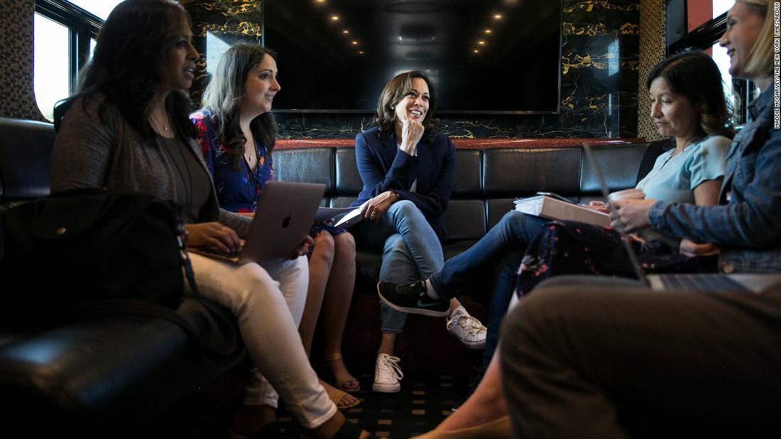 Harris rides her campaign bus in Iowa in August 2019.