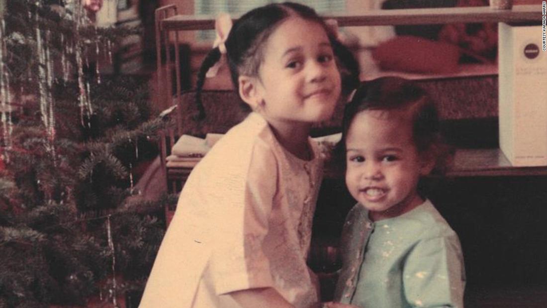 Harris and her younger sister, Maya, pose for a Christmas photo in 1968.