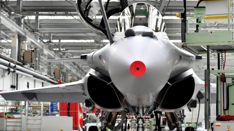 A French-made Rafale jet fighter is exhibited in the workshops of Dassault-Aviation in Merignac near Bordeaux on October 8, 2019, during the delivery ceremony to India of the first of the 36 Rafale aircraft ordered in 2016 from Dassault-Aviation.