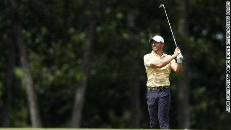 McIlroy plays his second shot on the ninth hole during the final round of The Memorial Tournament.