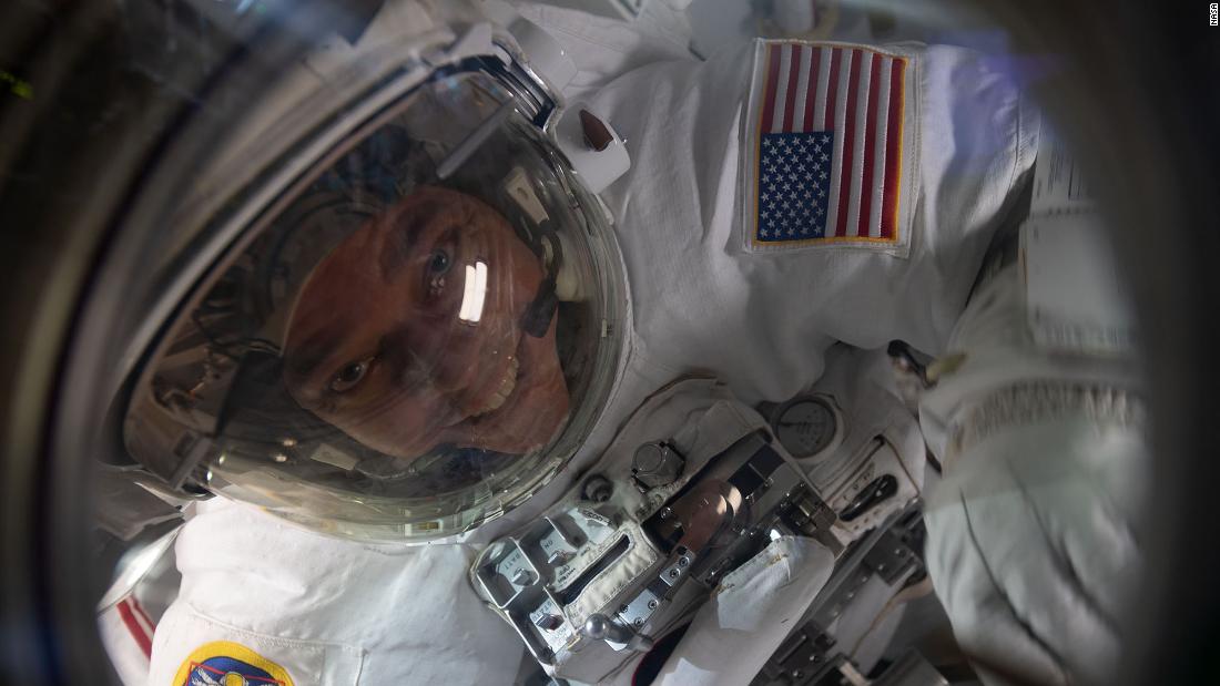 Behnken is pictured inside the Quest airlock at the end of a July 1 spacewalk to replace batteries on the International Space Station&#39;s Starboard-6 truss structure.