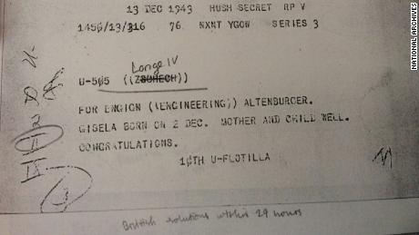 A birth notice sent to a German submariner that was intercepted and decoded by Navy intelligence. 