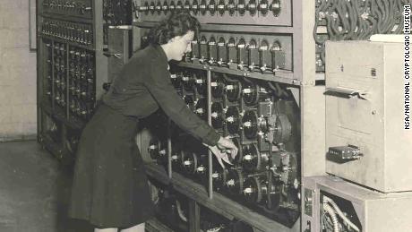 WAVES during WWII are shown at the Naval Communications Annex on Nebraska Avenue in Washington working with a Bombe machine. Intercepted German messages were run through the massive machines, allowing analysts to eventually break the code and decipher the message.