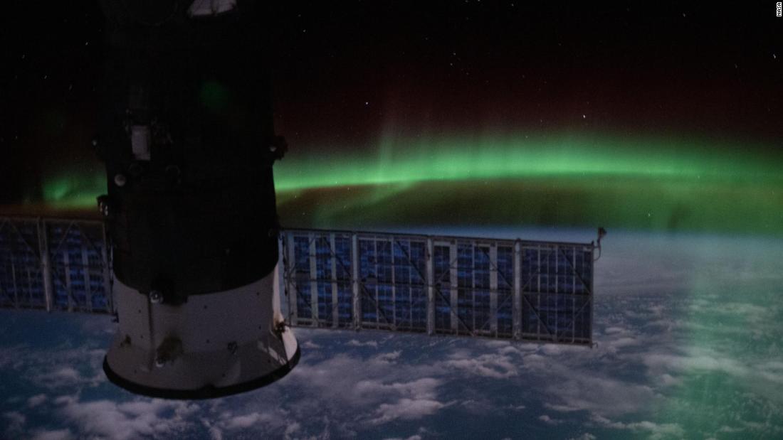 This nighttime view was seen from the International Space Station on June 7 as it orbited above the Indian Ocean. It shows the aurora australis and a starry sky with Russia&#39;s Progress 74 resupply ship in the foreground.