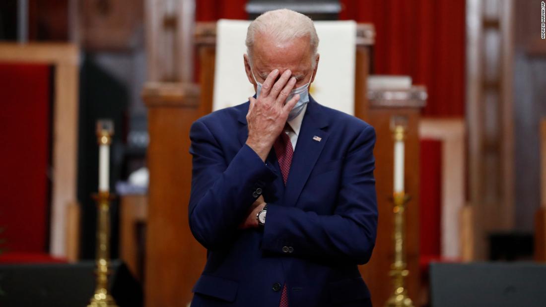 Biden touches his face while speaking at a church in Wilmington, Delaware, in June 2020. As he spoke with African-American leaders, Biden &lt;a href=&quot;https://www.cnn.com/2020/06/01/politics/joe-biden-institutional-racism-wilmington/index.html&quot; target=&quot;_blank&quot;&gt;pledged to take steps&lt;/a&gt; to combat institutional racism and re-establish a police oversight body at the Justice Department.