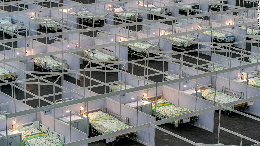 Beds are seen at a temporary field hospital set up in Hong Kong on August 1. AsiaWorld-Expo has been converted into a makeshift hospital that can take up to 500 patients. 