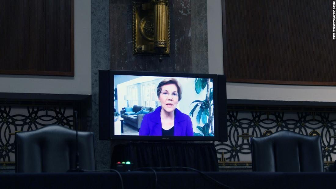 Warren asks questions during a Senate committee hearing in June 2020. She was appearing via video conference because of the coronavirus pandemic.