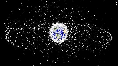 A computer-generated image representing space debris as could be seen from a high Earth orbit. The two main debris fields are the ring of objects in geosynchronous Earth orbit (GEO) and the cloud of objects in low Earth orbit (LEO).