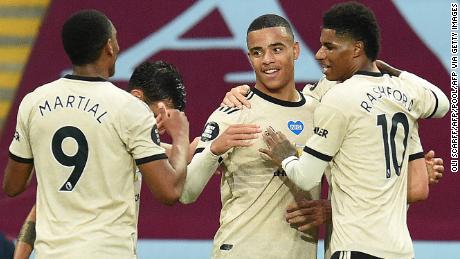 Greenwood (2R) celebrates scoring his team&#39;s second goal  against Aston Villa on July 9, 2020. 