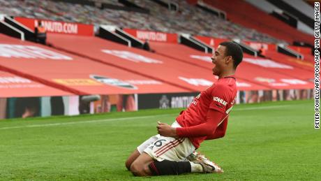 Greenwood celebrates his goal against Bournemouth at Old Trafford on July 4, 2020.
