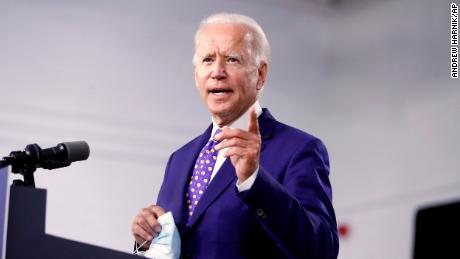 Democratic presidential candidate former Vice President Joe Biden speaks at a campaign event at the William "Hicks" Anderson Community Center in Wilmington, Delaware, on Tuesday, July 28, 2020. (AP Photo/Andrew Harnik)