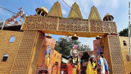 Artists in costume at Karsevak Puram ahead of the foundation stone laying ceremony of the Ram Janmabhumi temple, on August 3, in Ayodhya, India. 