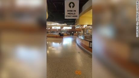 Arrows show students how to flow through the cafeteria at St. Norbert. 