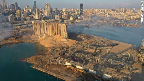 A drone picture taken on Wednesday shows the scene of the explosion in Beirut.